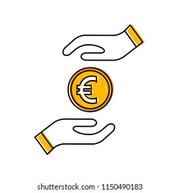 Simple euro icon in flat style. Coin between the hands