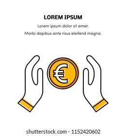 Simple euro icon in flat style. Coin between the hands