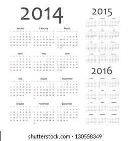 Simple european 2014, 2015, 2016 year vector calendars