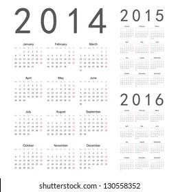 Simple european 2014, 2015, 2016 year vector calendars