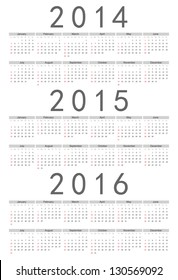 Simple european 2014, 2015, 2016 year vector calendar