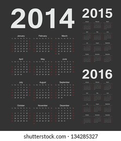 Simple european 2014, 2015, 2016 year vector calendars