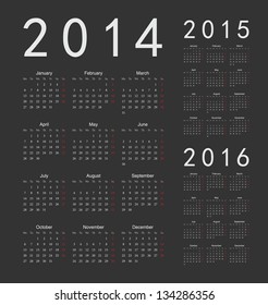 Simple european 2014, 2015, 2016 year vector calendars