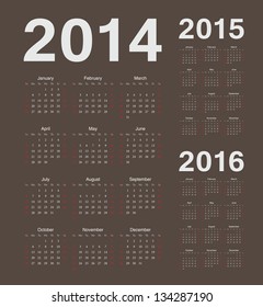 Simple european 2014, 2015, 2016 year vector calendars