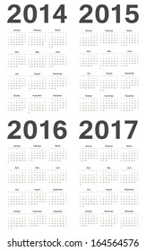 Simple european 2014, 2015, 2016, 2017 year vector calendars. Week starts from Sunday.