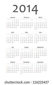 Simple european 2014 year vector calendar