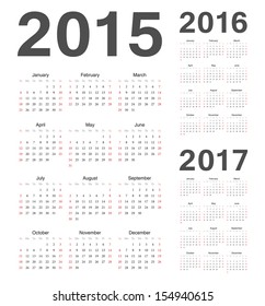 Simple european 2015, 2016, 2017 year vector calendars