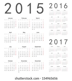 Simple european 2015, 2016, 2017 year vector calendars