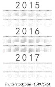 Simple european 2015, 2016, 2017 year vector calendar. Week starts from Sunday.