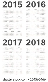 Simple european 2015, 2016, 2017, 2018 year vector calendars. Week starts from Sunday.