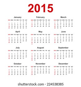 Simple european 2015 year blank calendar with holiday mark for calendar design. Vector illustrations 