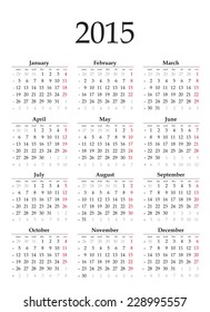 Simple european 2015 year calendar grid, vector template. Black letters on white background. Ideal for print.