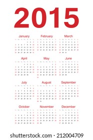 Simple european 2015 year vector calendar. Week starts from Sunday.