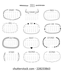 Simple european 2015 year vector calendar with branches and wreathes