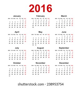 Simple european 2016 year blank calendar with holiday mark for calendar design. Vector illustrations