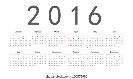 Simple european 2016 year vector calendar