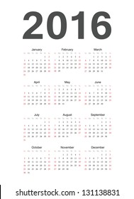 Simple european 2016 year vector calendar