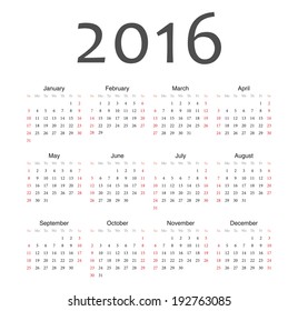 Simple european 2016 year vector calendar. Week starts from Sunday.