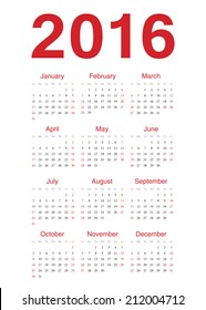 Simple european 2016 year vector calendar. Week starts from Sunday.