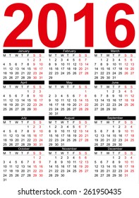 Simple European 2016 year vector calendar. Week starts from Monday.