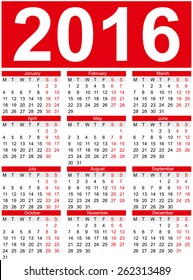 Simple European 2016 year vector calendar. Red calendar head. Week starts from Monday.