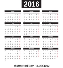 Simple european 2016 year vector calendar
