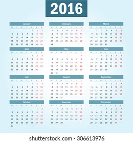 Simple european 2016 year vector calendar