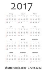 Simple european 2017 year vector calendar. Week starts from Sunday.