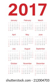 Simple european 2017 year vector calendar. Week starts from Sunday.