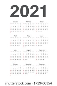 Simple european 2021 year vector calendar. Week starts from Sunday.