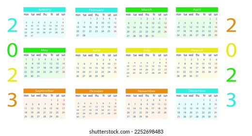 Simple european 2023 year vector calendar