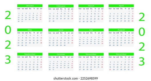 Simple european 2023 year vector calendar