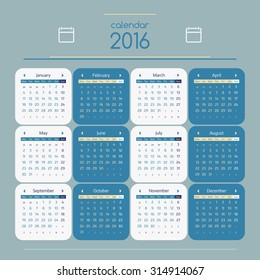 Simple european calendar for 2016 year twelve month grid. Vector illustration.blue,