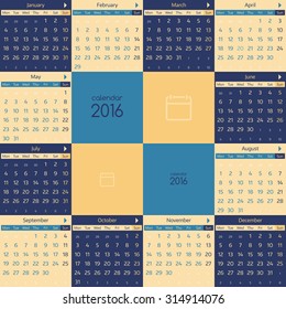 Simple european calendar for 2016 year twelve month grid. Vector illustration.