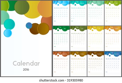 Simple european calendar for 2016 year twelve month grid, cover and design with colorful circle Vector illustration.