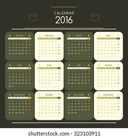 Simple european calendar for 2016 year twelve month grid. Vector illustration.