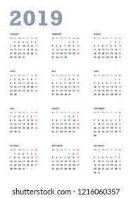 Simple european calendar 2019. Vertical calendar design template in minimalism style. Week starts from monday. White background. Vector illustration.