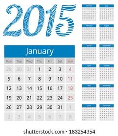 Simple european calendar grid for 2015 year. Clean and neat. Only plain colors - easy to recolor. Vector illustration.