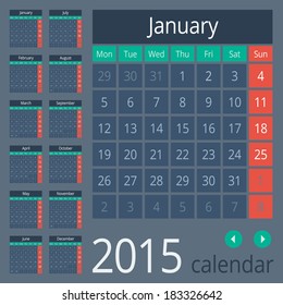 Simple european calendar grid for 2015 year. Clean and neat. Only plain colors - easy to recolor. Vector illustration.