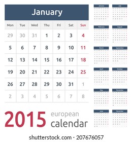 Simple european calendar grid for 2015 year. Clean and neat. Only plain colors - easy to recolor.