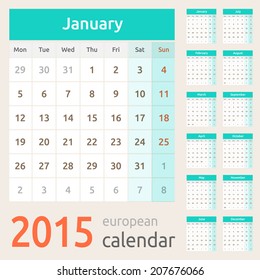 Simple european calendar grid for 2015 year. Clean and neat. Only plain colors - easy to recolor.