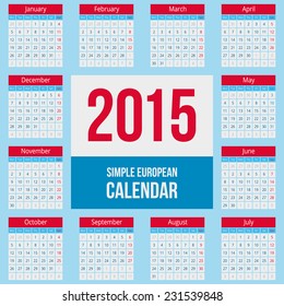 Simple european calendar grid for 2015 year. Clean and neat. Only plain colors - easy to recolor.