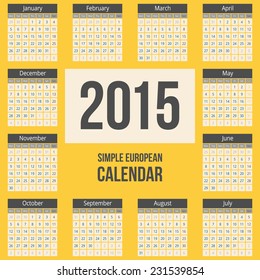 Simple european calendar grid for 2015 year. Clean and neat. Only plain colors - easy to recolor.