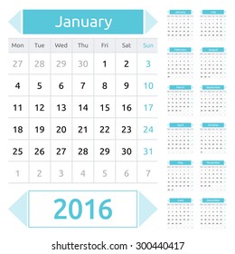 Simple european calendar grid for 2016 year. Clean and neat. Only plain colors - easy to recolor. Vector illustration.