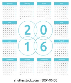 Simple european calendar grid for 2016 year. Clean and neat. Only plain colors - easy to recolor. Vector illustration.