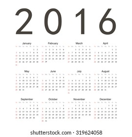 Simple european square 2016 year vector calendar. Week starts from Sunday.