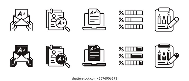 simple exam score result icon line set education quiz pass grade online questionnaire task evaluation signs vector illustration for web and app