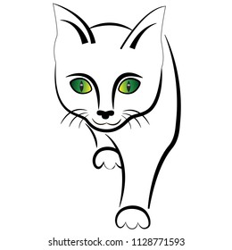 The simple execution of a cat with green eyes isolated on a white background.