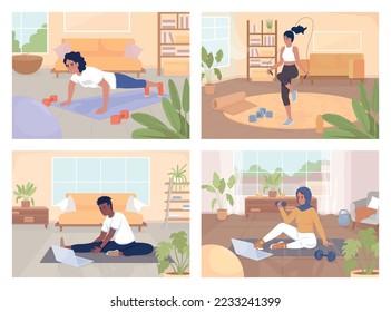 Simple exercising at home flat color vector illustrations set. Regular workout for wellbeing. Fully editable 2D simple cartoon characters collection with domestic interiors on background