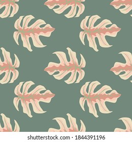 Sencillo patrón de doodle sin costura de palma exótica con siluetas monsteras. Fondo gris con follaje de color rosa. Fondo decorativo para el diseño de tela, textil, envoltura, cubierta. Ilustración del vector